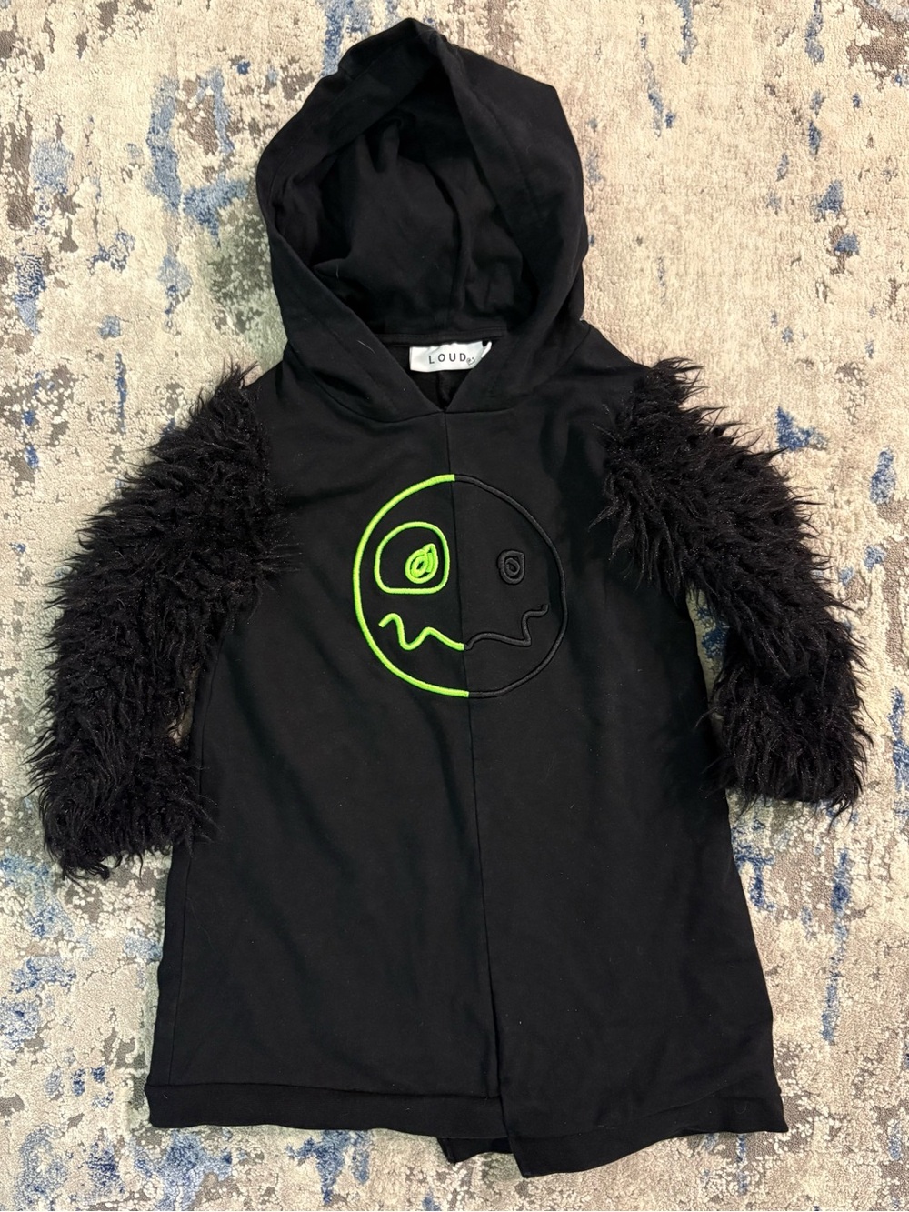LOUD girls Black Hooded Dress with Neon Green Smiley 4